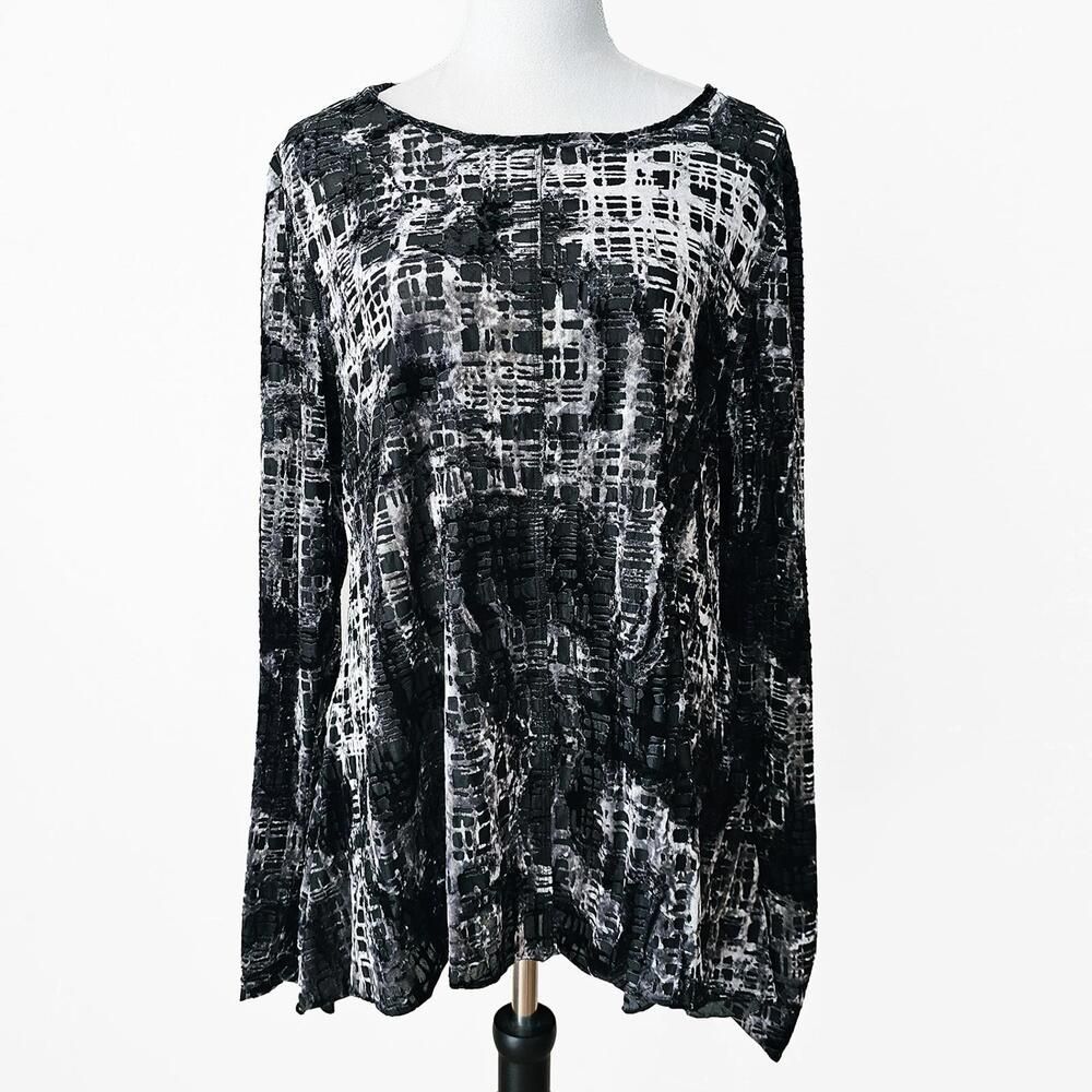 Snoskins XXL Black Gray Velvet Burnout Semi Sheer Long Sleeve Tunic Top